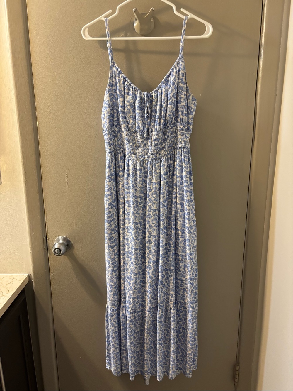 Blue Floral Maxi Sundress with Smocked Waist